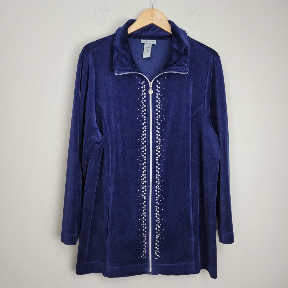 Catherine's Jacket Blue Size 1X Full Zip Velvet Long Sleeve Plus Size Pockets